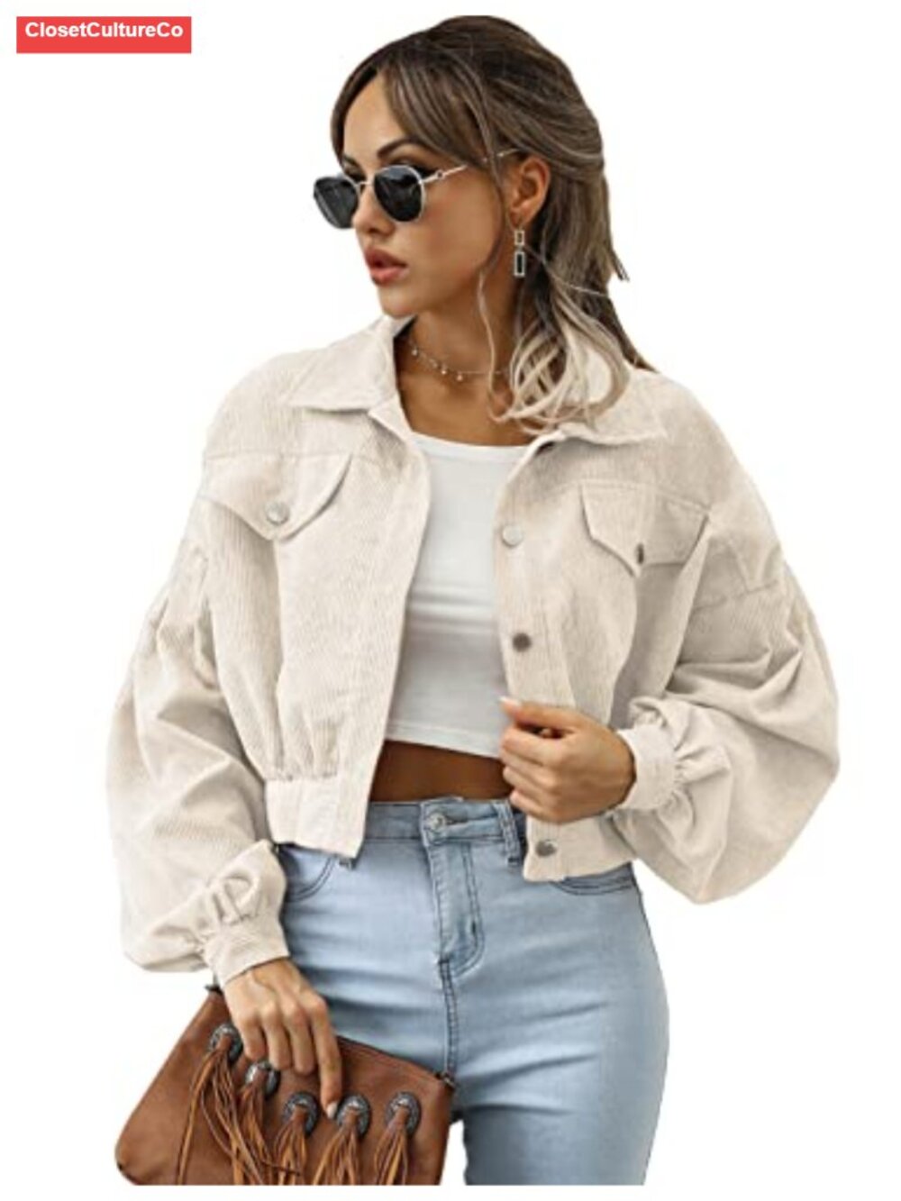 Cropped Corduroy Jacket Loose Button Down Puff Sleeve Shacket Coat